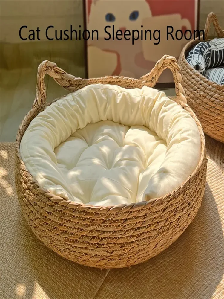 Hand-Woven Rattan Cat Nest with Removable Pad – All-Season Bed
