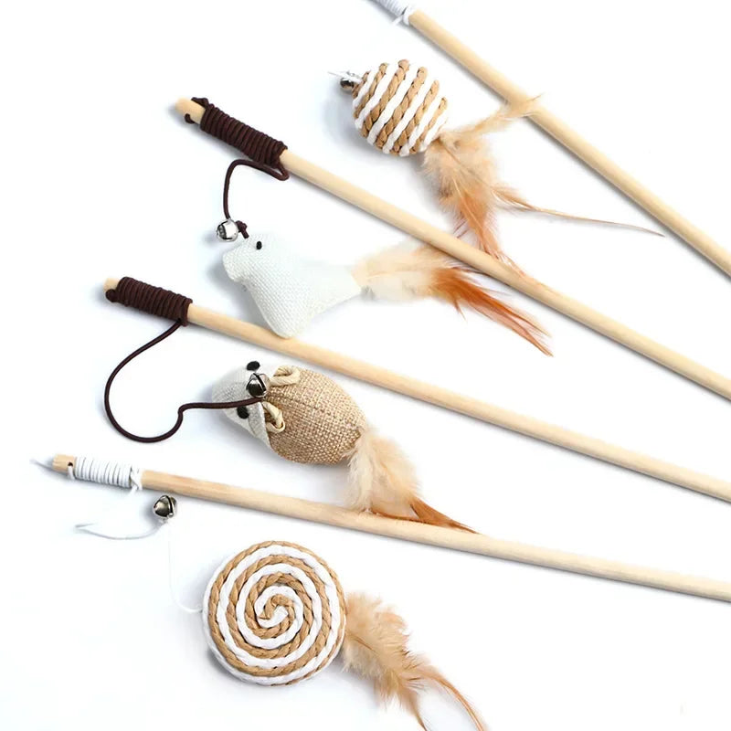Interactive Feather Teaser Wand Toy for Cats – Wooden Rod