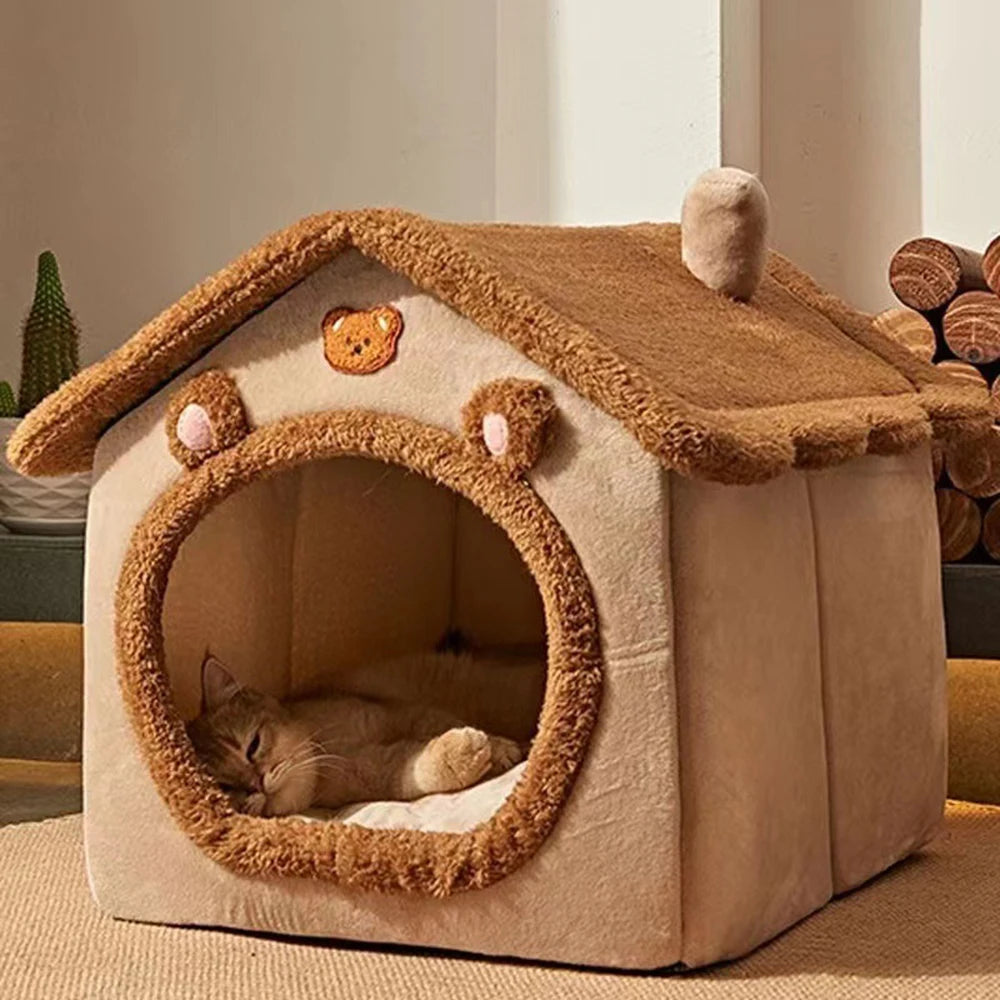 Four-Season Enclosed Pet Bed – Teddy Bear Style for Cats & Small Dogs