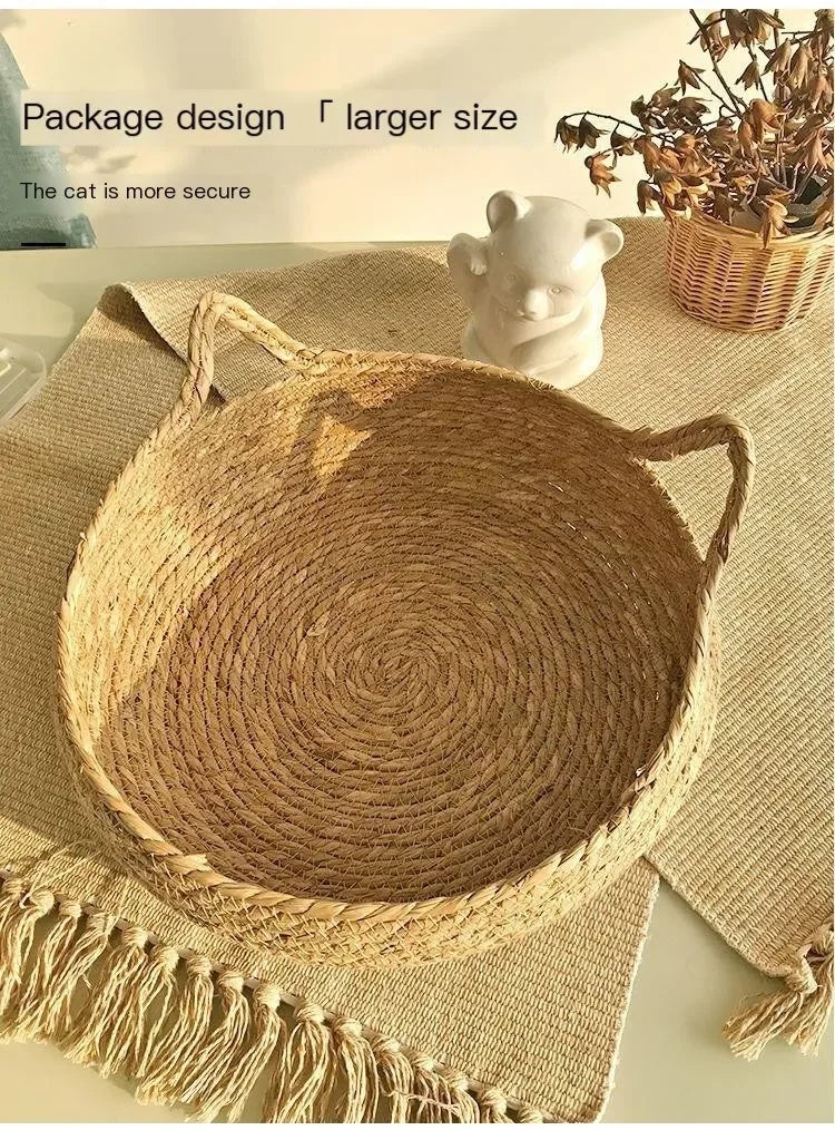 Hand-Woven Rattan Cat Nest with Removable Pad – All-Season Bed