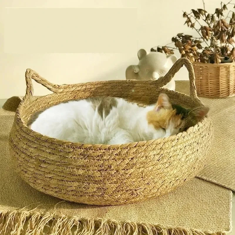Hand-Woven Rattan Cat Nest with Removable Pad – All-Season Bed