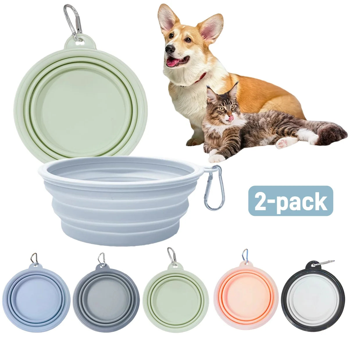2PCS Collapsible Silicone Pet Bowls – Portable Folding Food & Water Dishes with Carabiners