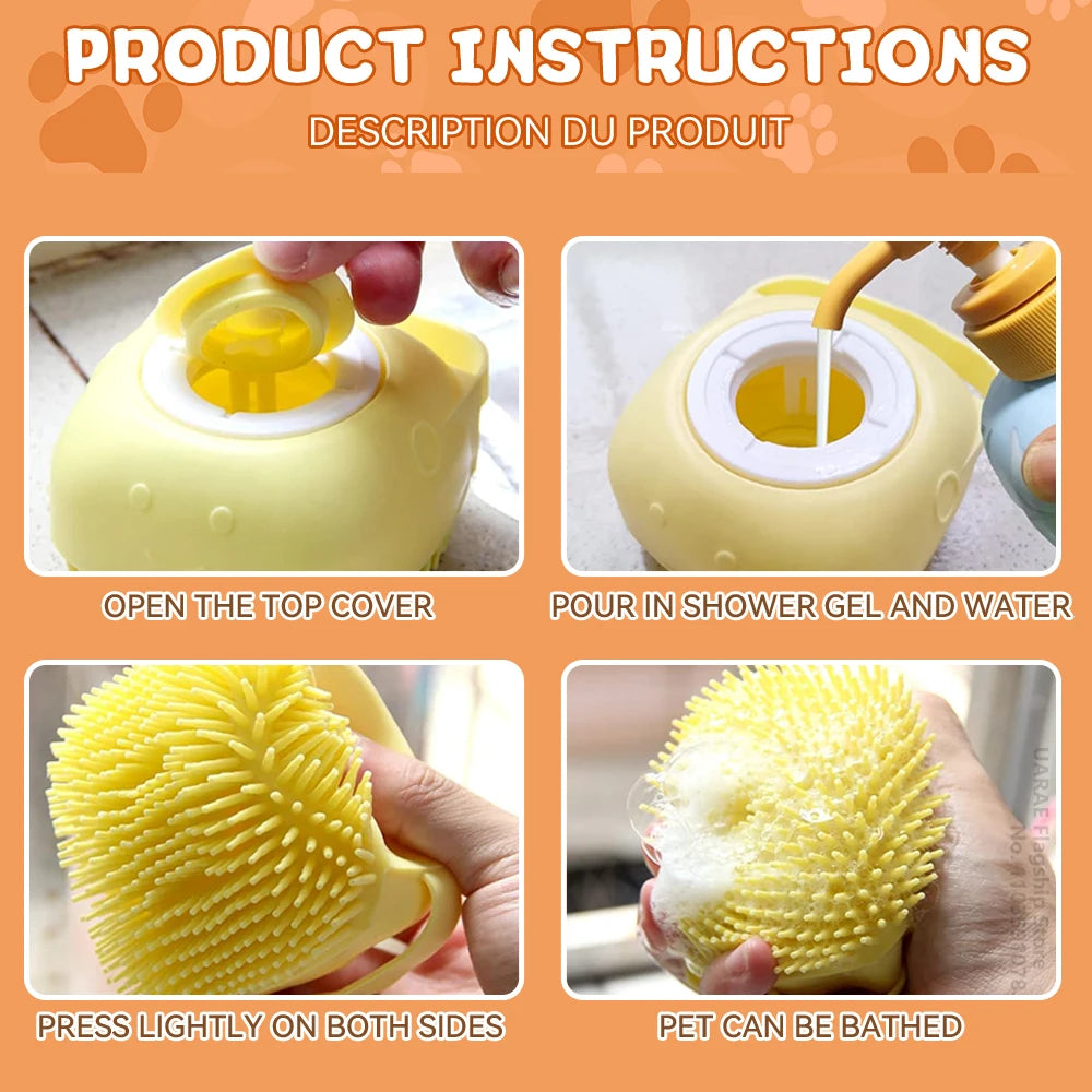 Dog Bathing & Massage Brush with Shampoo Dispenser – Soft Silicone Bristles