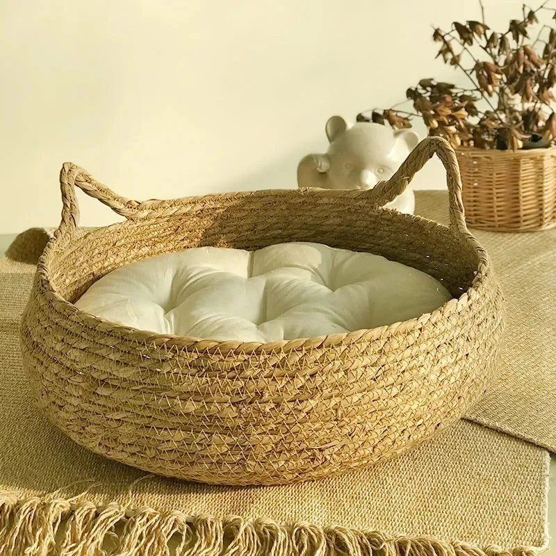 Hand-Woven Rattan Cat Nest with Removable Pad – All-Season Bed