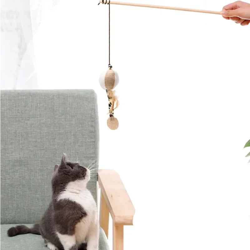Interactive Feather Teaser Wand Toy for Cats – Wooden Rod