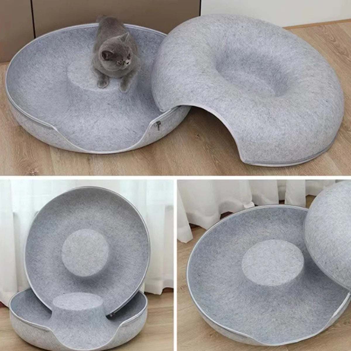 2-in-1 Felt Donut Cat Bed & Tunnel with Breather Hole