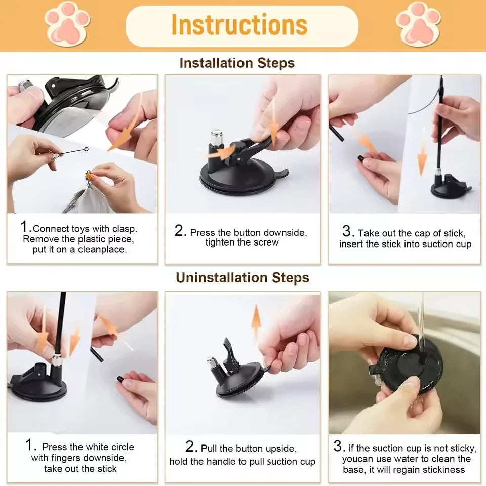 Cat Teaser Stick with Bell & Suction Cup – Durable Feather Toy