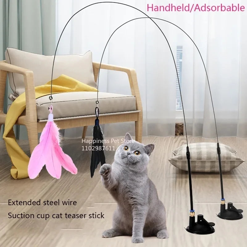 Cat Teaser Stick with Bell & Suction Cup – Durable Feather Toy