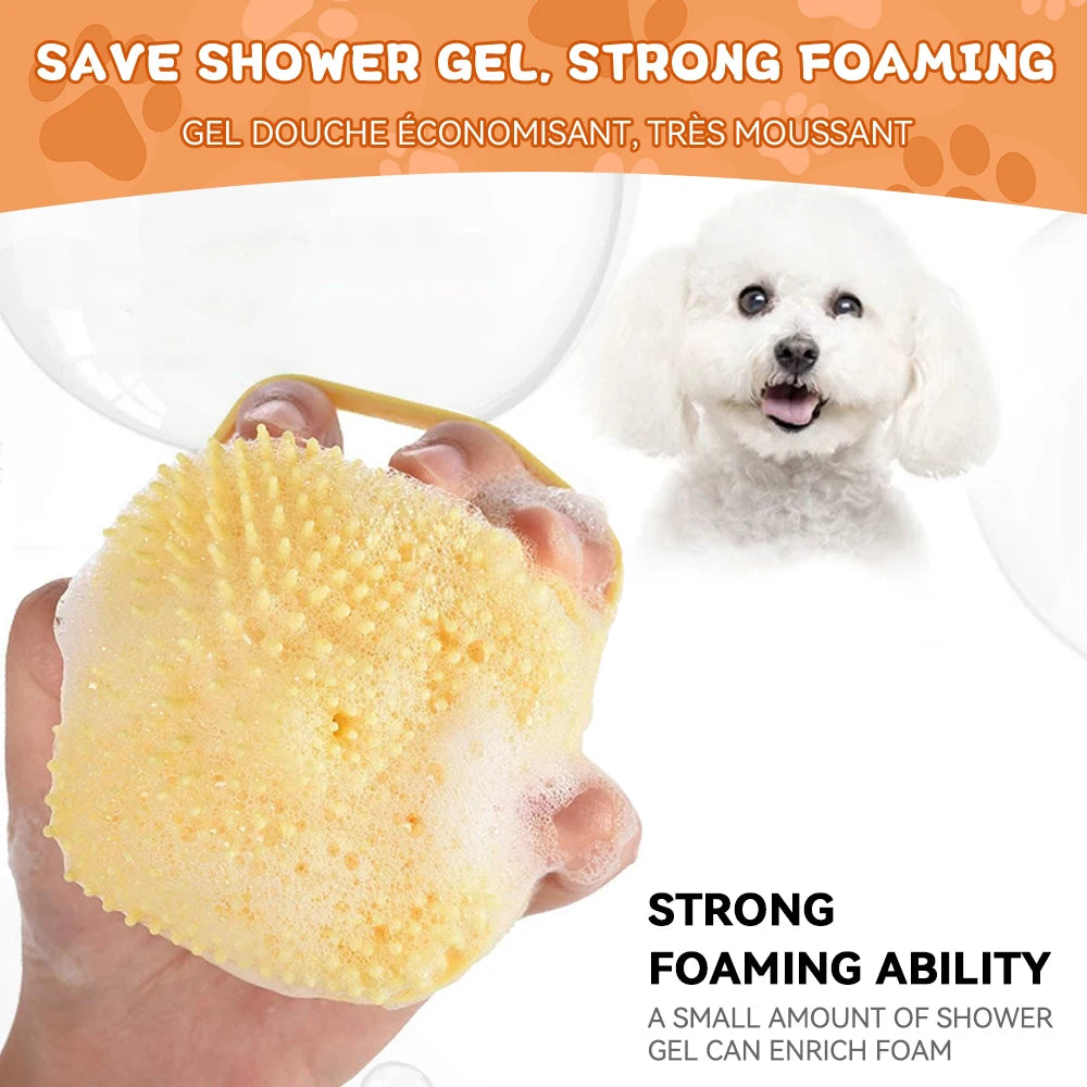 Dog Bathing & Massage Brush with Shampoo Dispenser – Soft Silicone Bristles