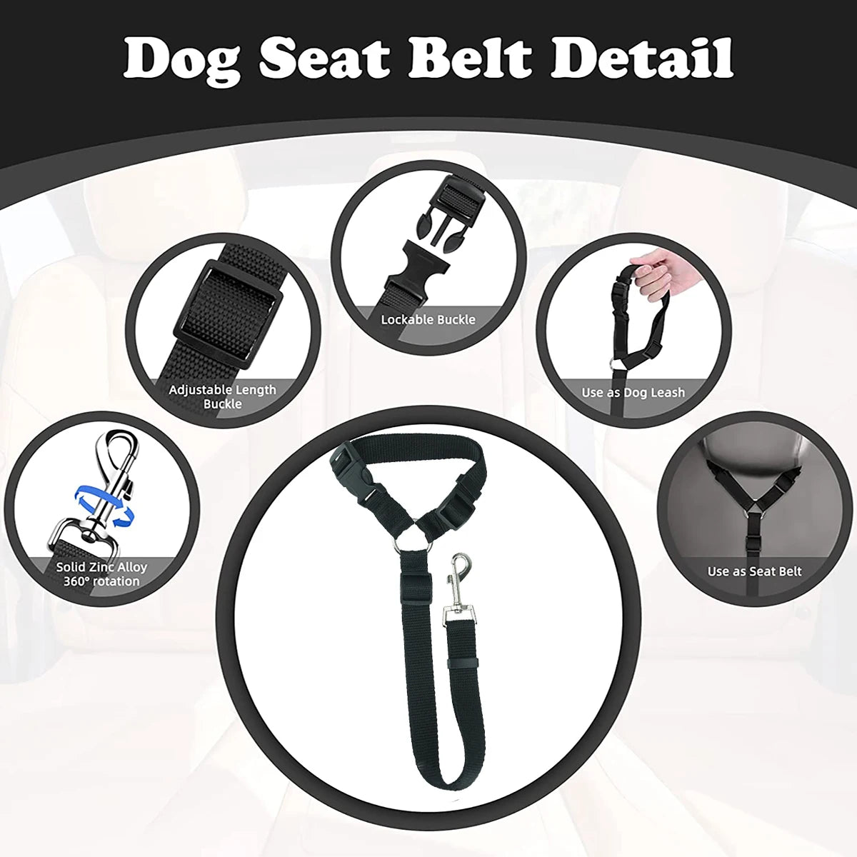 Adjustable Pet Seat Belt with Car Headrest Restraint for Dogs & Cats