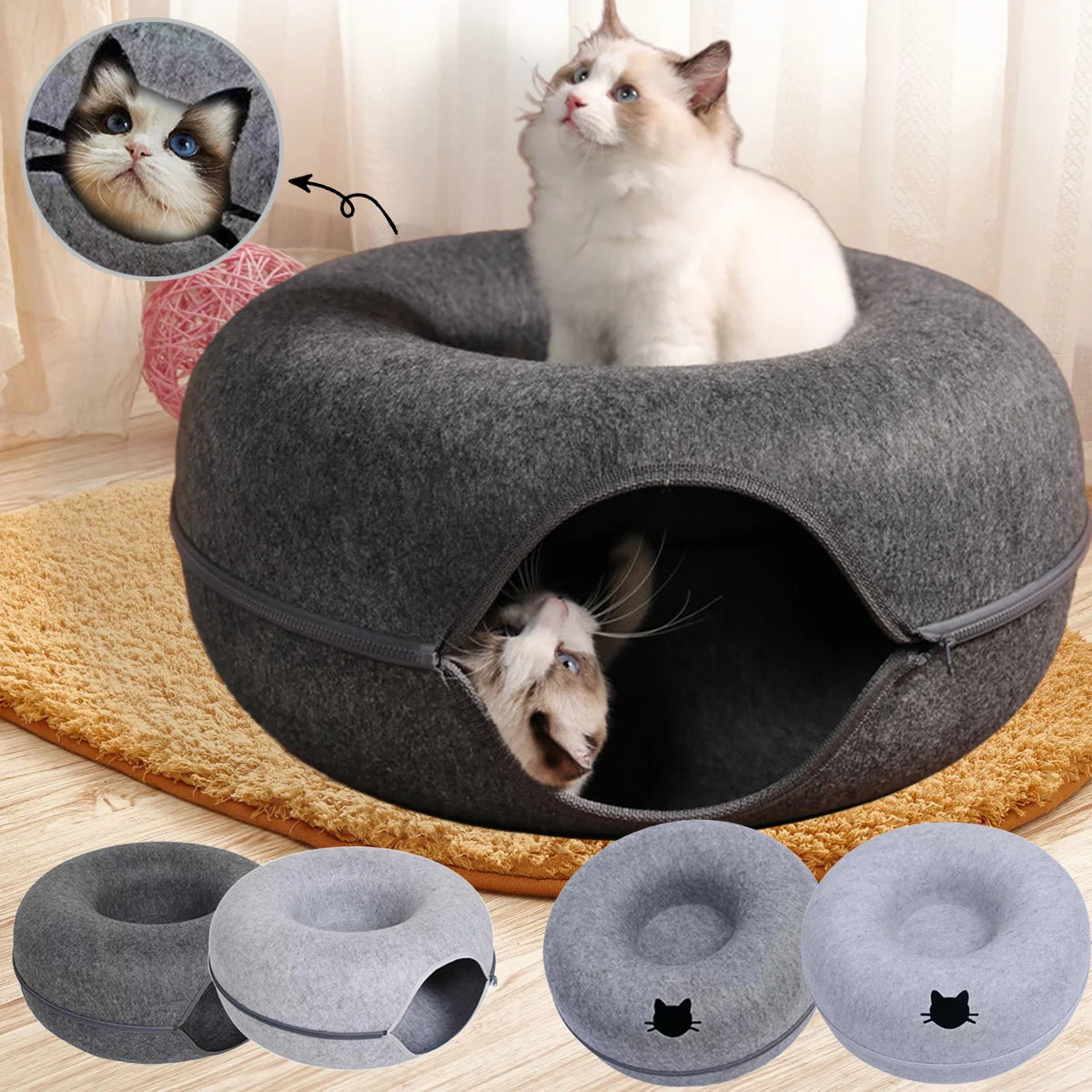 2-in-1 Felt Donut Cat Bed & Tunnel with Breather Hole