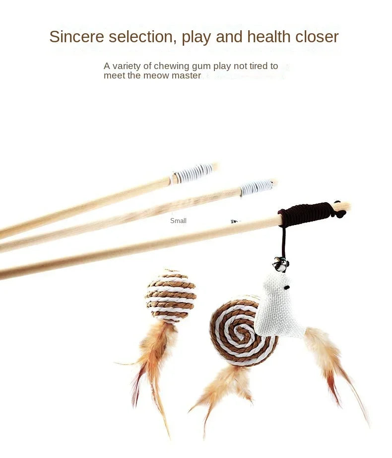 Interactive Feather Teaser Wand Toy for Cats – Wooden Rod