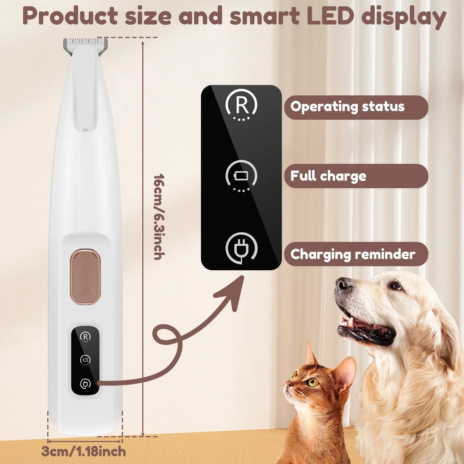Waterproof Dog Paw Trimmer with LED Light & Display – 18mm Blade Grooming Clippers