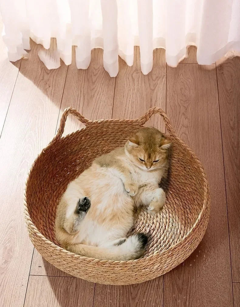 Hand-Woven Rattan Cat Nest with Removable Pad – All-Season Bed