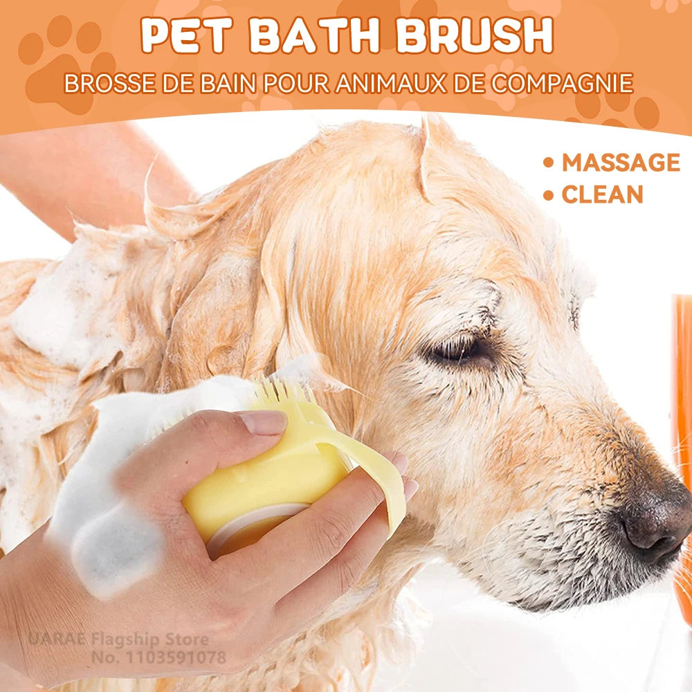 Dog Bathing & Massage Brush with Shampoo Dispenser – Soft Silicone Bristles
