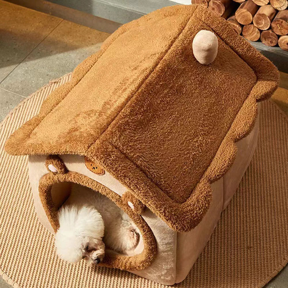 Four-Season Enclosed Pet Bed – Teddy Bear Style for Cats & Small Dogs