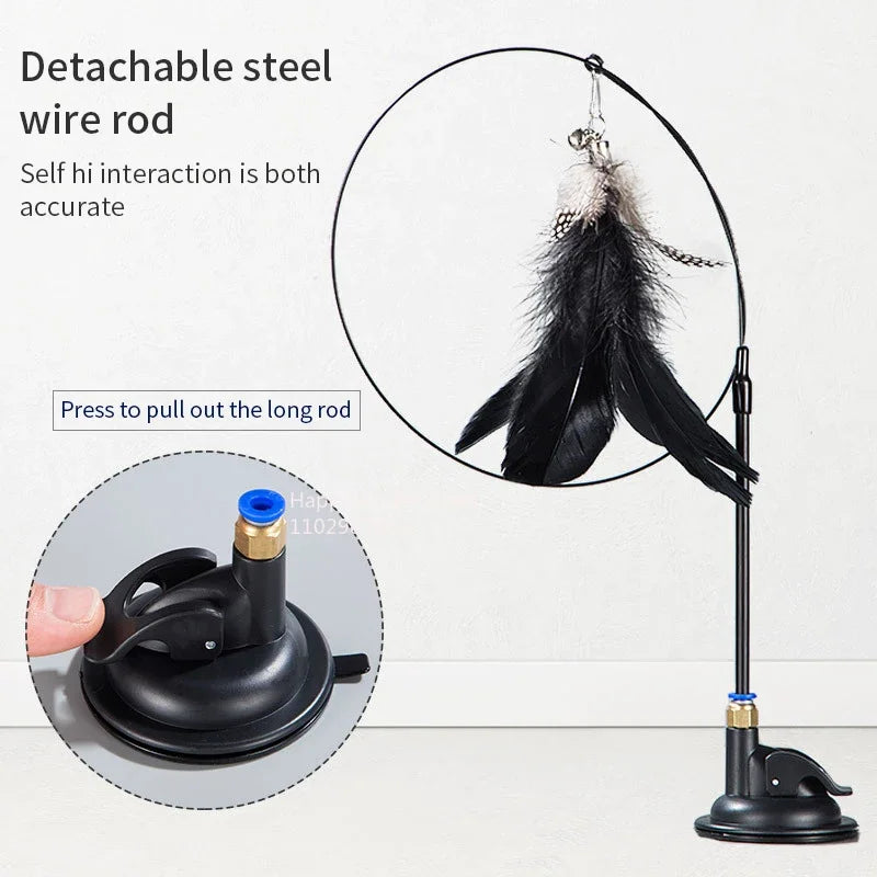 Cat Teaser Stick with Bell & Suction Cup – Durable Feather Toy
