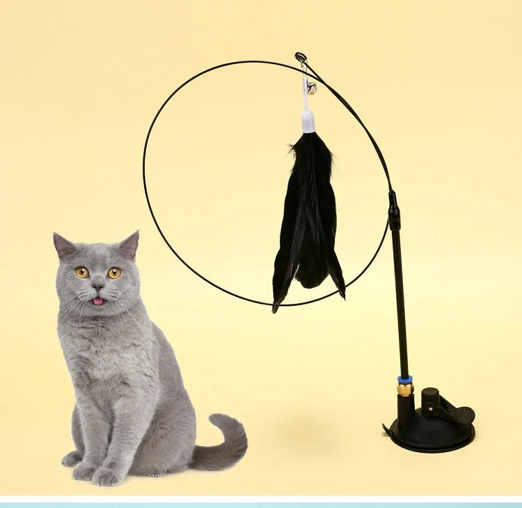 Cat Teaser Stick with Bell & Suction Cup – Durable Feather Toy