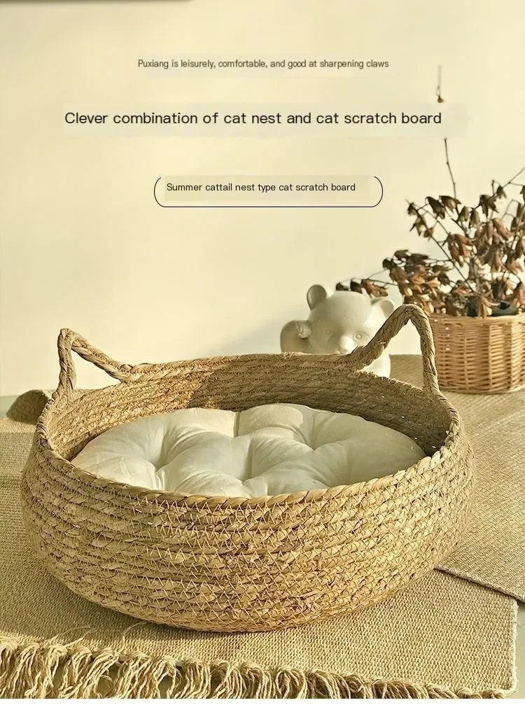 Hand-Woven Rattan Cat Nest with Removable Pad – All-Season Bed
