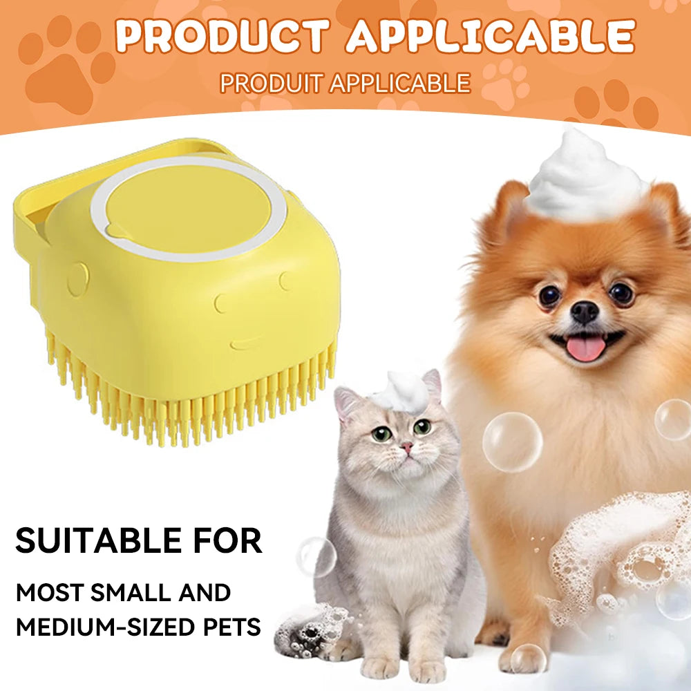 Dog Bathing & Massage Brush with Shampoo Dispenser – Soft Silicone Bristles
