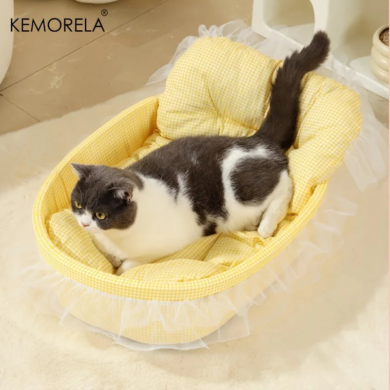 KEMORELA Cat Princess Sofa Bed – Gauze Edge, All-Season Washable Mat
