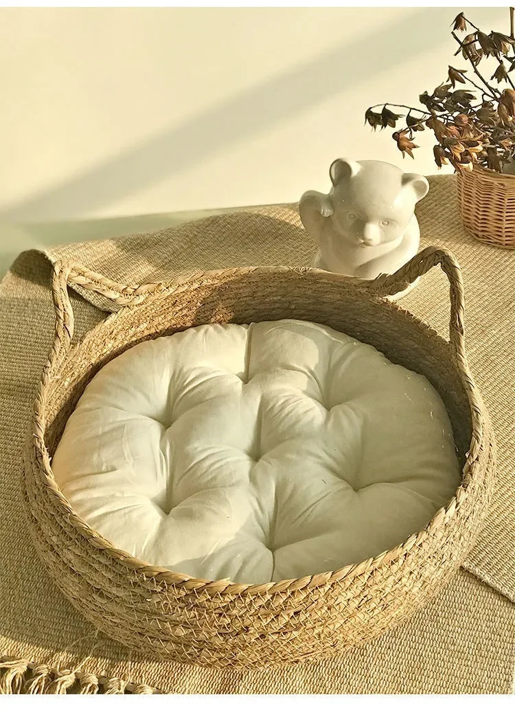 Hand-Woven Rattan Cat Nest with Removable Pad – All-Season Bed